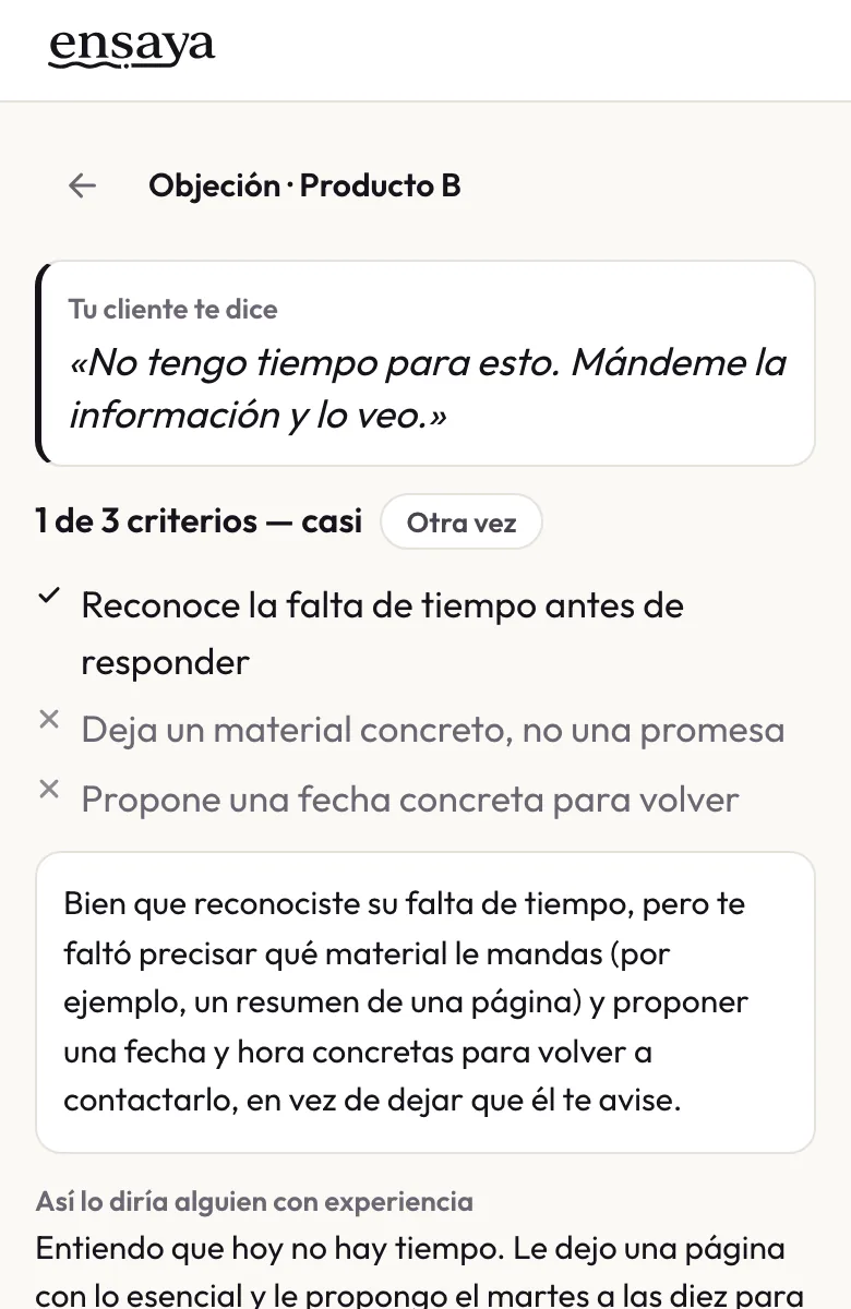 Pantalla de ensaya: un reto de objeción calificado contra tres criterios, uno cumplido y dos por cumplir, con la nota y una respuesta modelo.