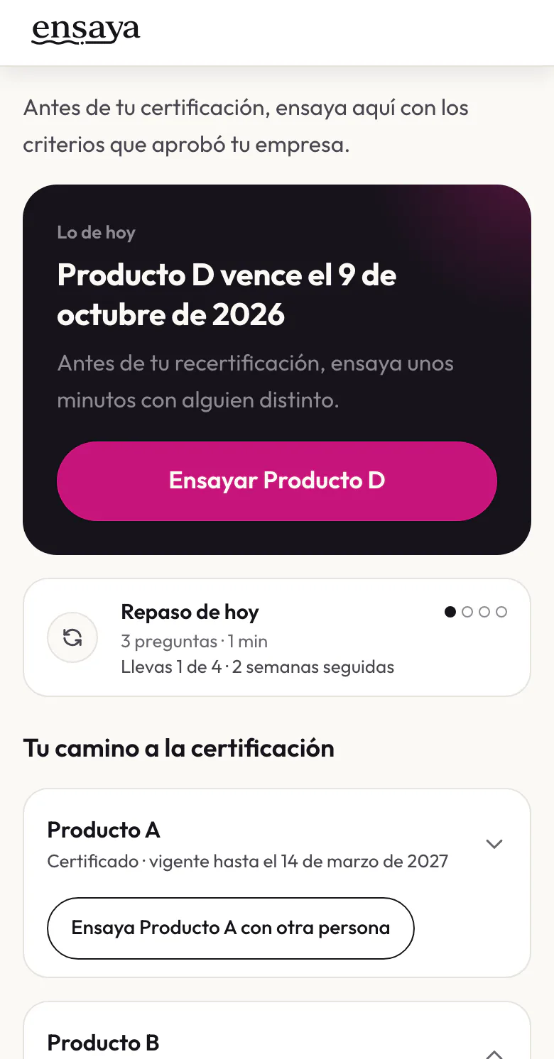 Pantalla de ensaya: aviso de que una certificación vence en diez días, con la invitación a ensayar antes y el repaso del día.